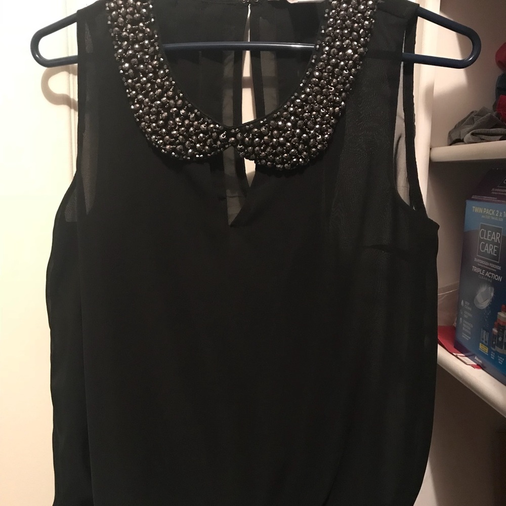 New sheer black blouse with beaded collar